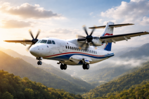 Ilustrasi ATR 42-500. Serpihan pesawat ATR 42-500 PK-THT telah ditemukan, sementara penyebab kecelakaan masih diselidiki KNKT. /Gambar dibuat menggunakan AI