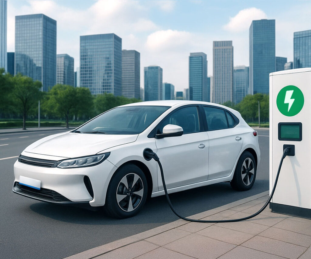 Ilustrasi mobil listrik sedang melakukan pengecasan. Kelompok usia 50 tahun ke atas melihat mobil listrik sebagai solusi mobilitas hemat jelang pensiun. /ID Comm