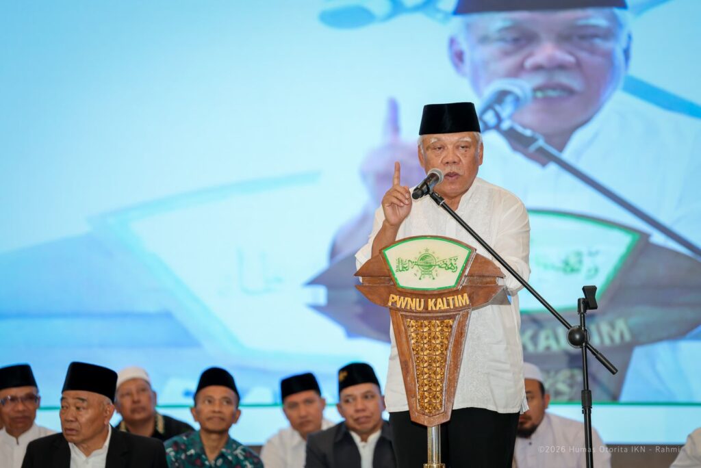 Kepala Otorita IKN Basuki Hadimuljono saat sambutan peringatan hari lahir ke-100 atau satu abad NU di Ibu Kota Nusantara (IKN), Sabtu (31/01/2026). Peringatan satu abad NU di IKN menegaskan sinergi spiritual, kebangsaan, dan pembangunan Nusantara berkelanjutan. /Otorita IKN