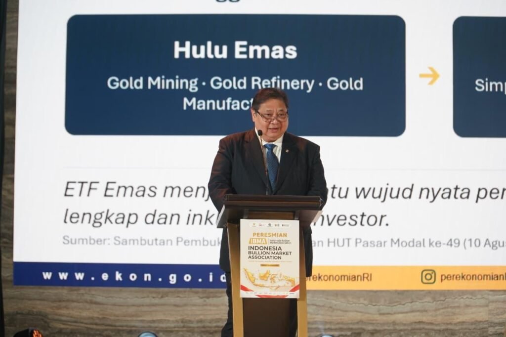 Menteri Koordinator Bidang Perekonomian Airlangga Hartarto. Kemenko Perekonomian luncurkan Indonesia Bullion Market Association (IBMA) untuk perkuat ekosistem bank emas dan hilirisasi pertambangan di Tanah Air. /humas ekon-ydt